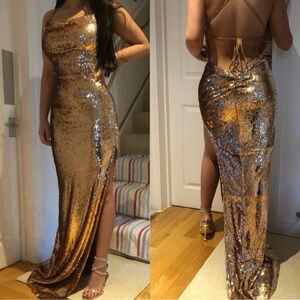 La Femme Glitter Champagne Gold Prom Dress